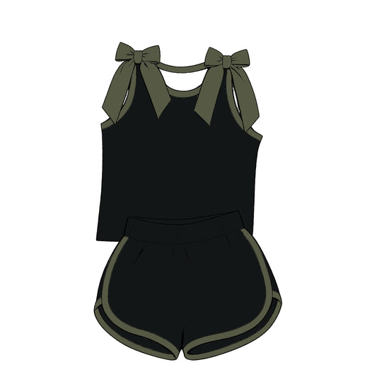 custom moq 5 mix size Baby Girls Bow Black Sleeveless Top Shorts Summer Cute Clothing Set