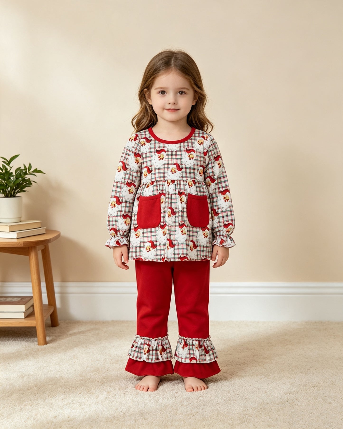 NEW RTS NO MOQ milk silk GLP3457 Baby Girls Red Green Checked Santa Print Pocket Long Sleeve Tunic Ruffle Pants Christmas Set