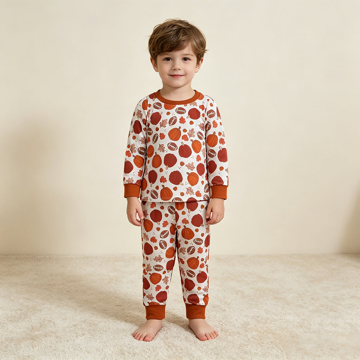 NEW RTS NO MOQ milk silk BLP1539（BT1928+P1197）Baby Boys Football Pumpkins Top Pockets Pant Autumn Set