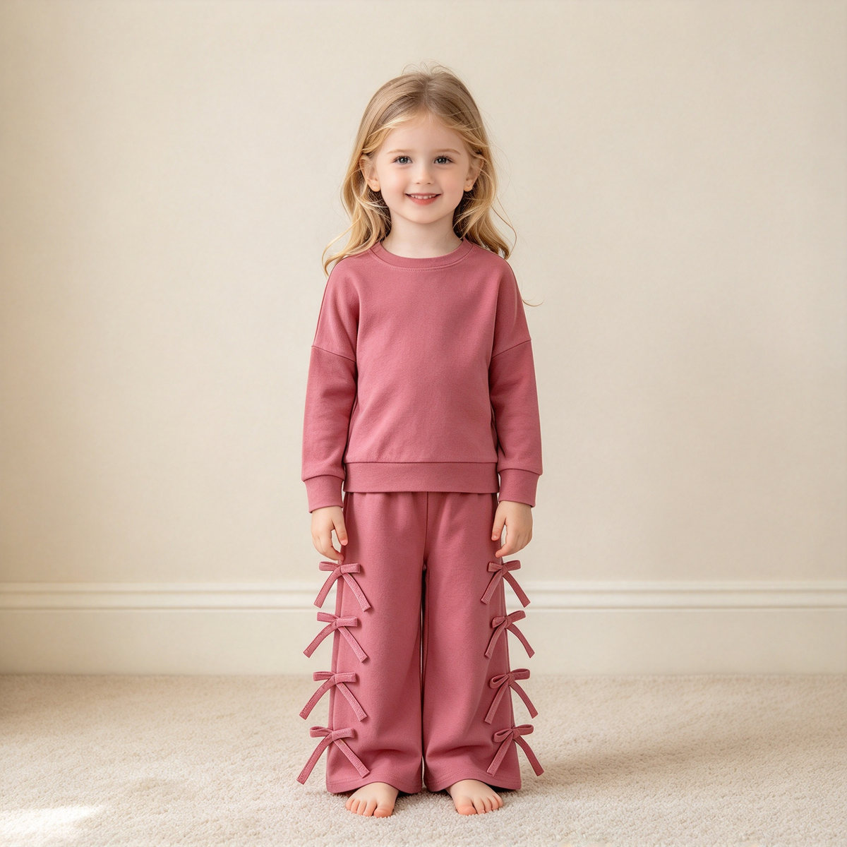 NEW RTS NO MOQ cotton GLP3845 Baby Girls Peach Long Sleeve Top Bows Pockets Flare Pant Casual Set