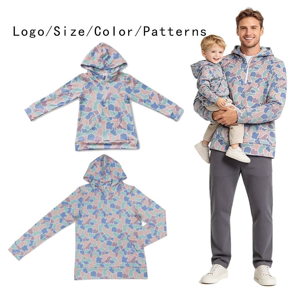 RTS NO MOQ Sibling milk silk Adult To Match Kids Camo Half Zip Hoodie Long Sleeve Pullover With Front Pocket