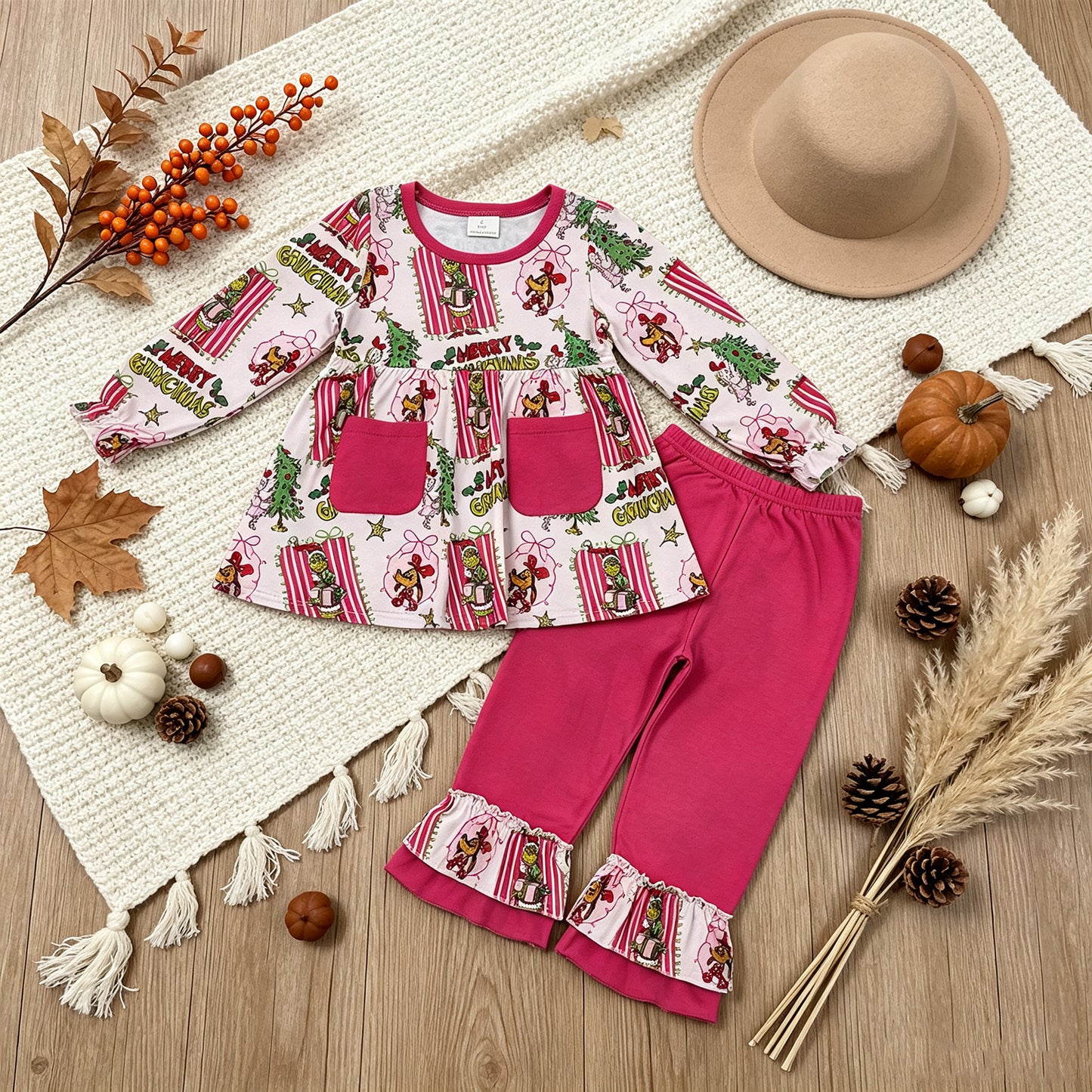 NEW RTS NO MOQ milk silk GLP3461 Cute Clothes Baby Girls Christmas Print Long Sleeve Pocket Tunic Elastic Waist Ruffle Hem Pants Holiday Outfit