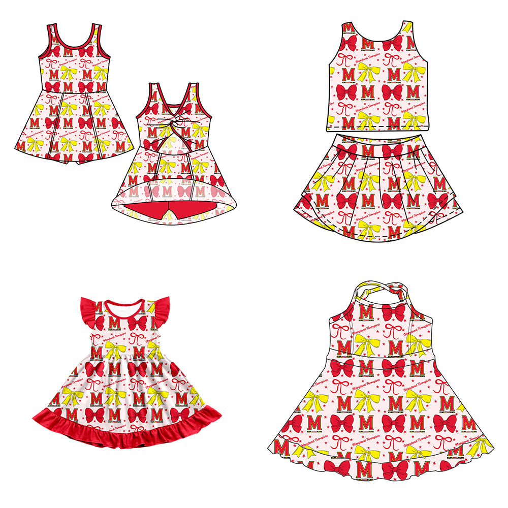 Custom moq 5 mix size milk silk summer teams baby girls clothes team bow red sleeveless skirts sets and dress 1 and dress 2 and dress 3-25.6.26