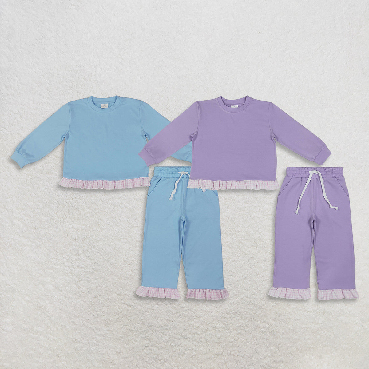 RTS NO MOQ Sibling cotton Baby Girls Solid Color Long Sleeve Top Ruffle Hem Pant Casual Outfit