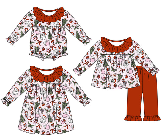25.7.2 custom each style moq 5eta 4-6week Sibling Sisters Christmas bow baby girl long sleeve pants sets and dress and rompers match family design