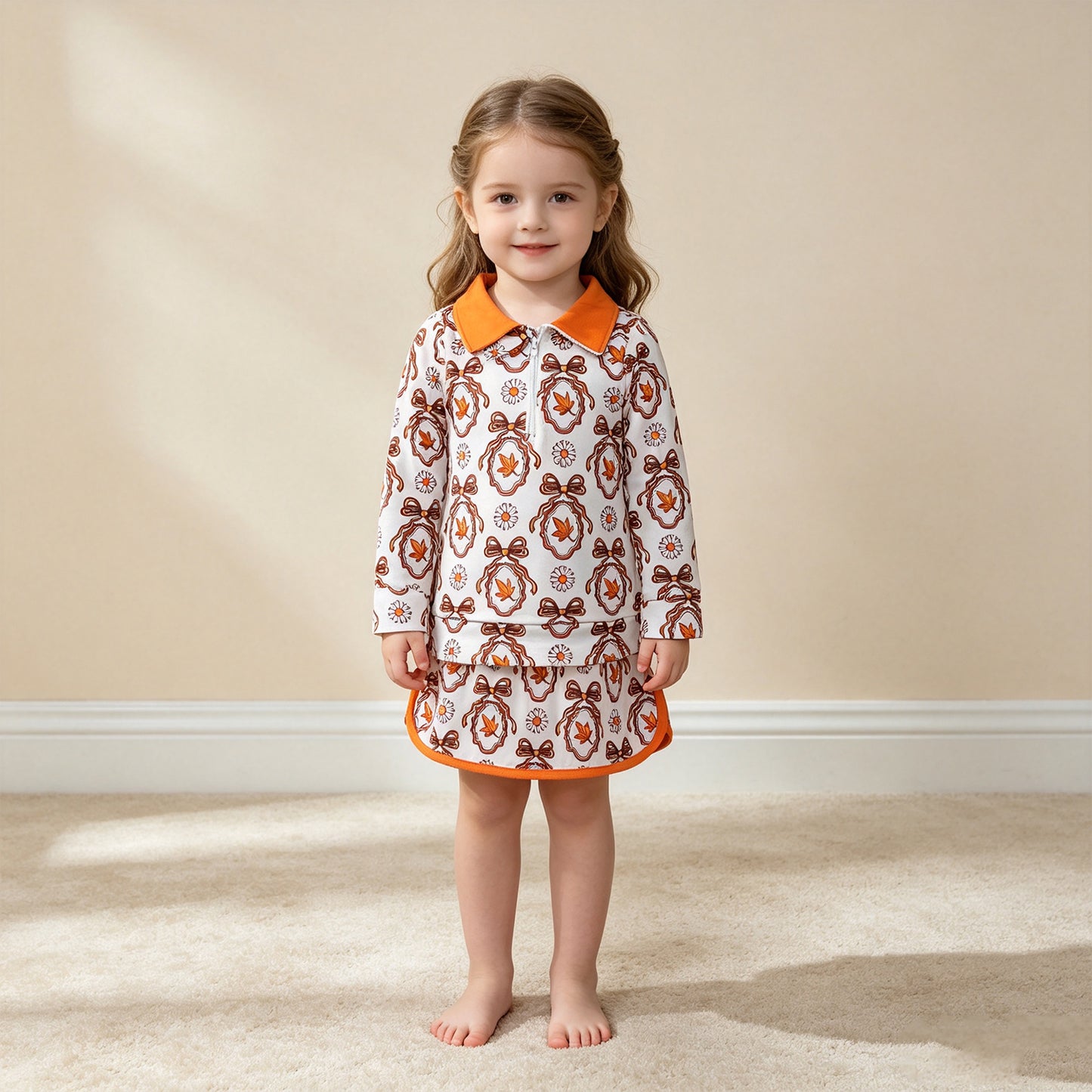 NEW RTS NO MOQ milk silk GLD1602 Baby Girls Long Sleeve Bow Leaf Print Zip Pullover Top Skirt Outfit