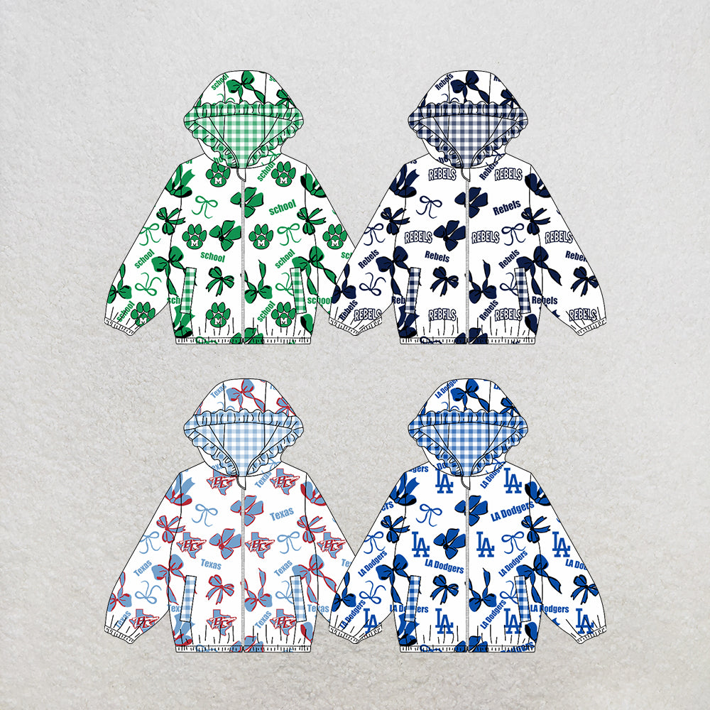 custom moq 5 mix size MSD072903 Baby Girls Bow Print Long Sleeve Zipper Hooded Team Jacket Top