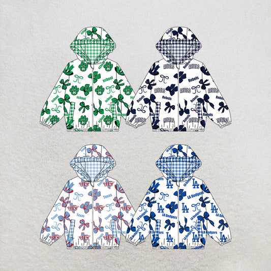custom moq 5 mix size MSD072903 Baby Girls Bow Print Long Sleeve Zipper Hooded Team Jacket Top