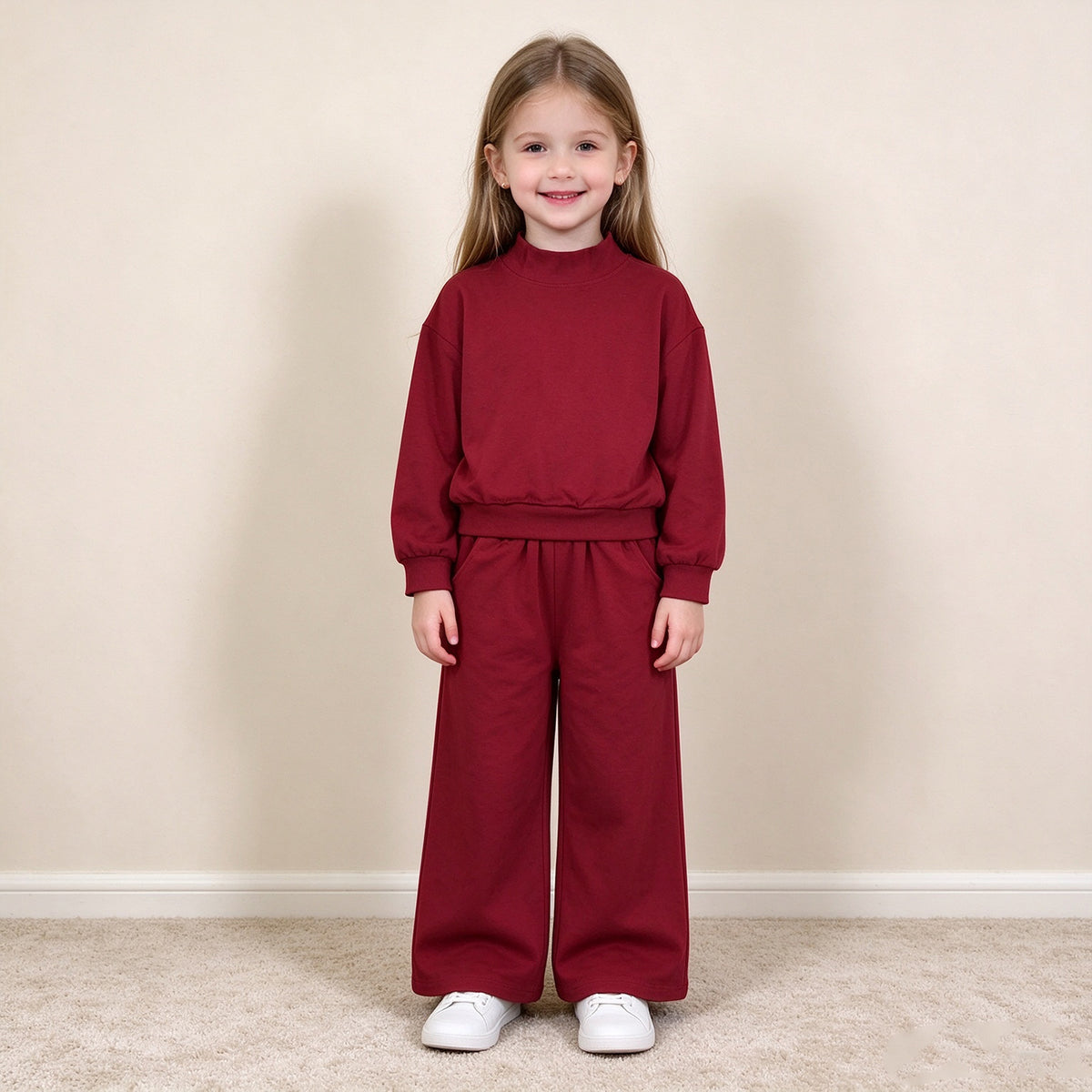 (SNEW RTS NO MOQ cotton GLP3413 Baby Girls Maroon Pocket Long Sleeve Top Flare Pants Sleepwear Casual Set