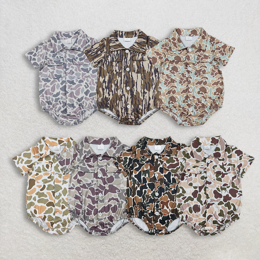 RTS NO MOQ Sibling Baby boy clothes camouflage button short-sleeved rompers