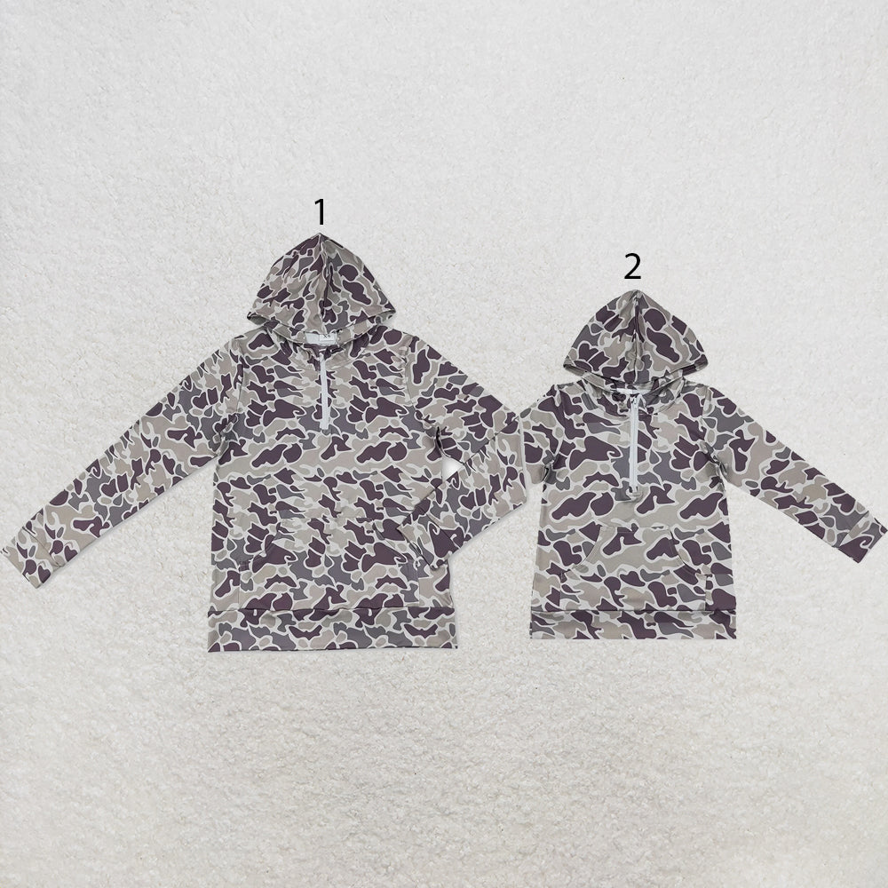RTS NO MOQ milk silk Sibling Adult To Match Kids Long Sleeve Camo Print Zip Pocket Hoodies Tops Casual Fall Winter Tops