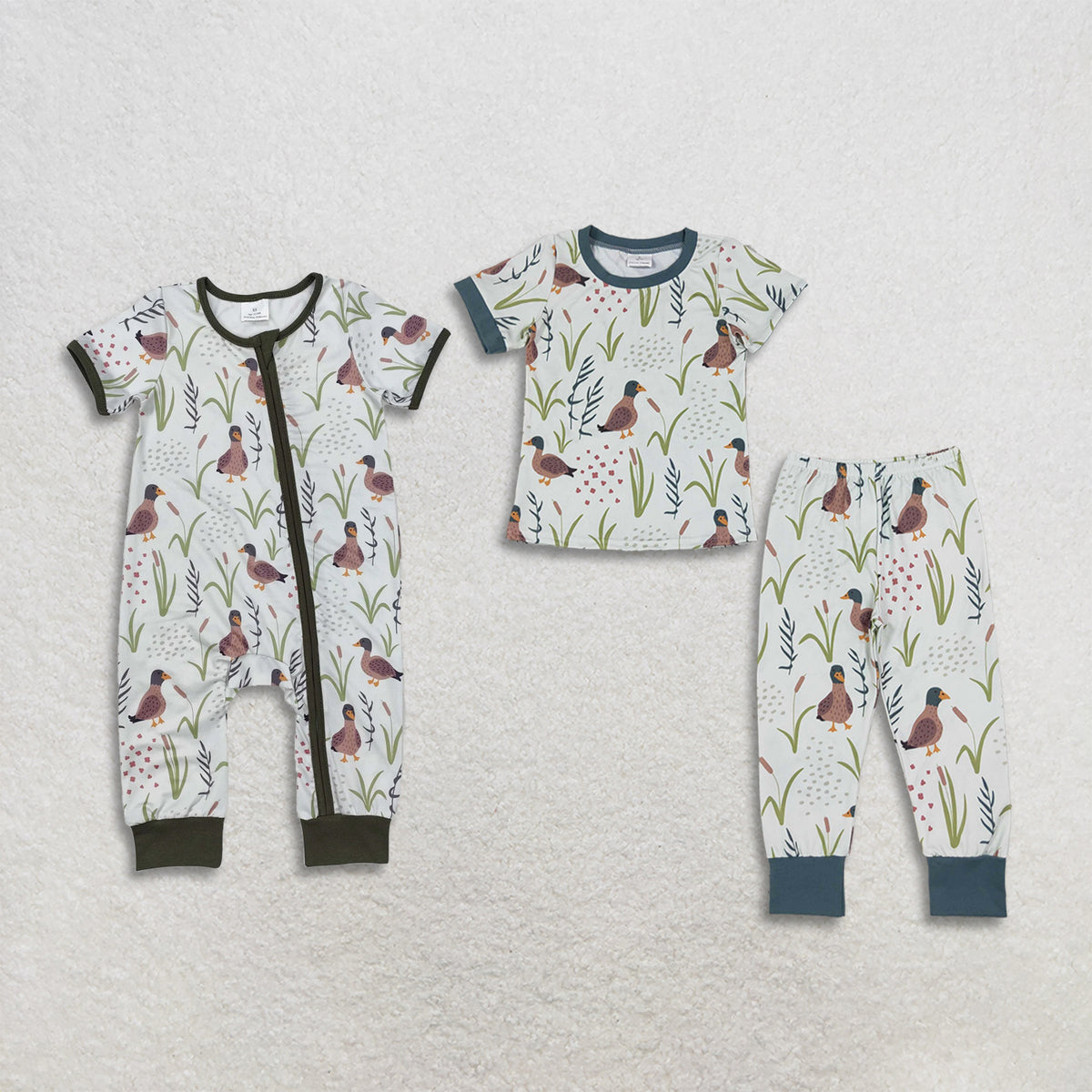 RTS NO MOQ Sibling milk silk Baby Boys Duck Print Bamboo Zipper Romper Kids Short Sleeve Pant Set