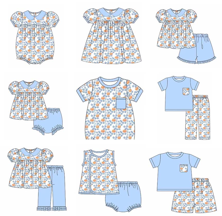 5.18custom each style moq 5eta 4-5week Sibling Sister Country Style Pumpkin Floral Print Clothing for Girls and Boys match family design