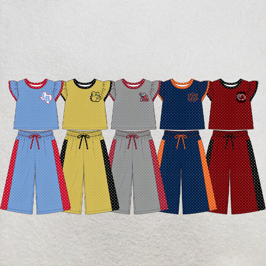 custom moq 5 mix size XY072303 Baby Girls Flutter Sleeve Polka Dots Top Pants Casual Team Clothes Set