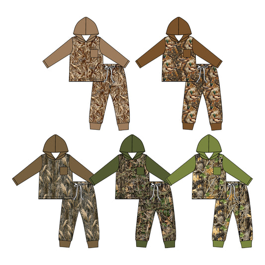(Pre Order) No moq milk silk Baby Boys Green Leaves Camo Hoodie Pocket Joggers Hunting Outfit Sets