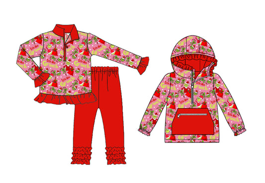 25.8.19 custom each style moq 5eta 4-6week Sibling Sisters Christmas red baby girl long sleeve pants sets and top match family design