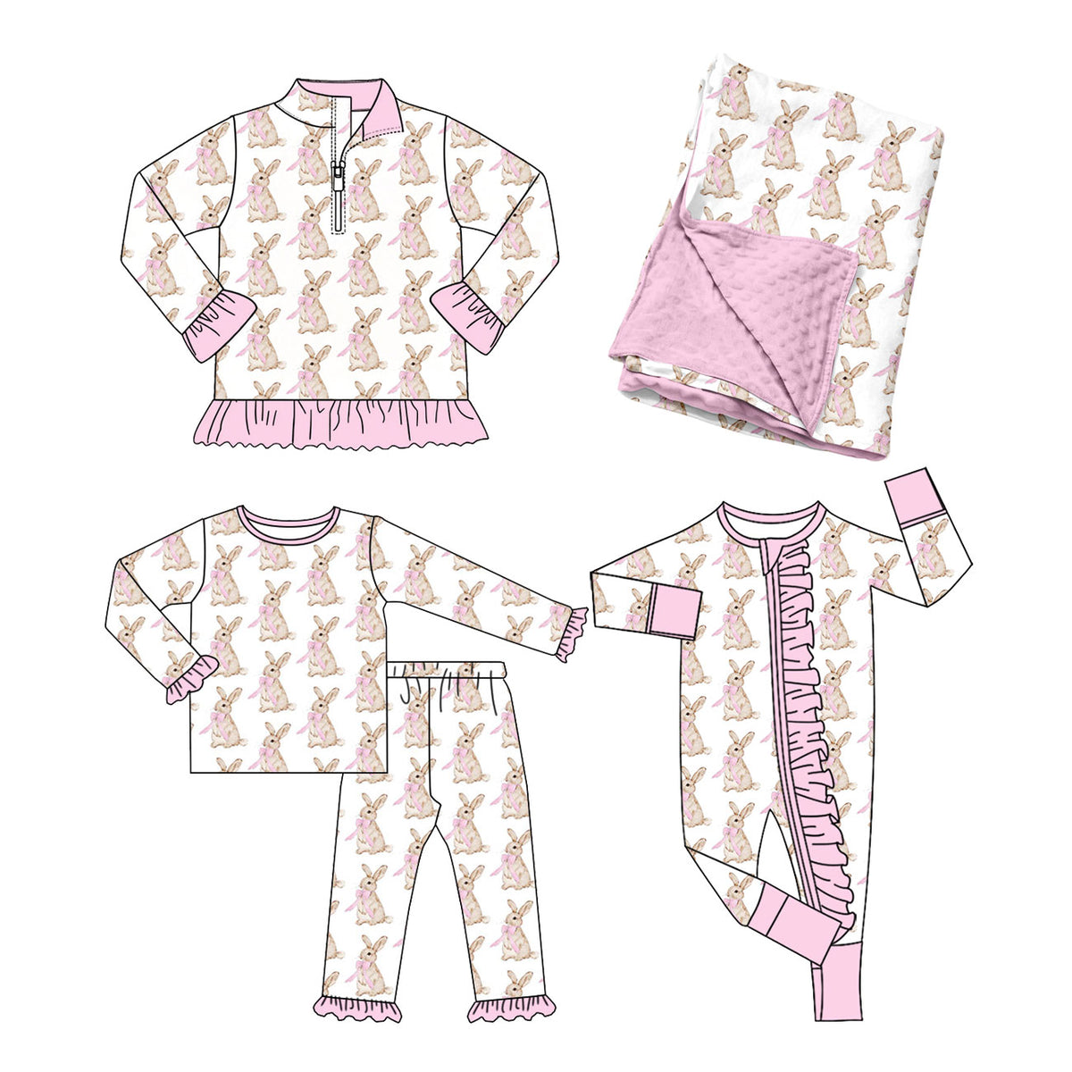 (Preorder new) No moq Baby Girls Pink Bunny Print Bamboo Pajama Set Ruffle Half Zip Sleepwear Minky Blanket