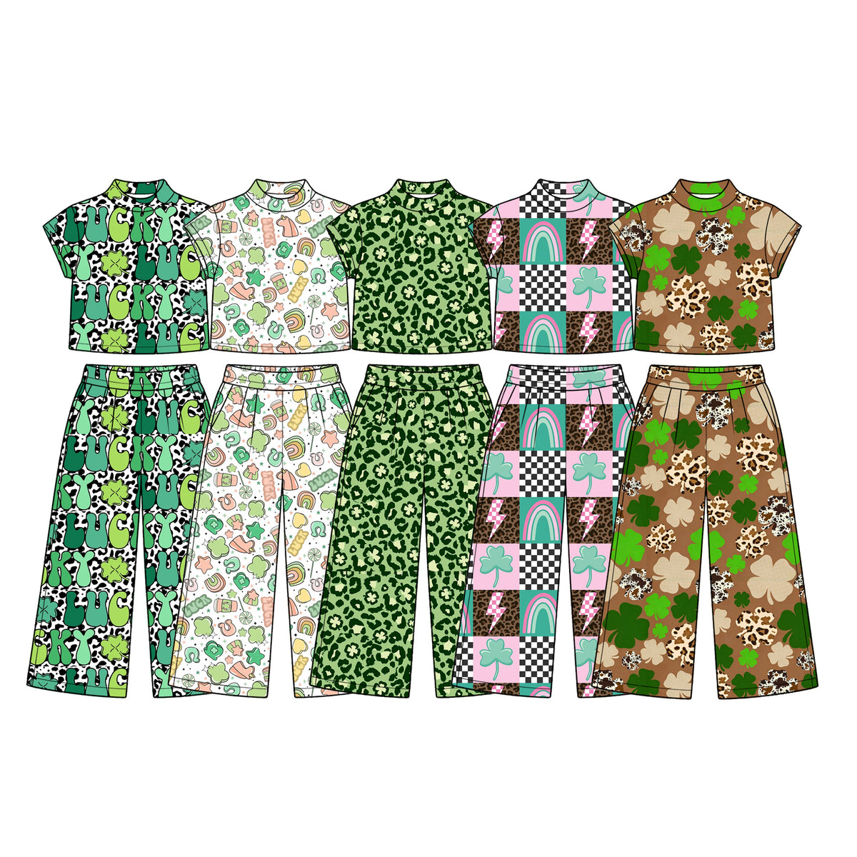 (Preorder new) No moq Baby Girls Green Short Sleeve Top And Wide Leg Pants Set