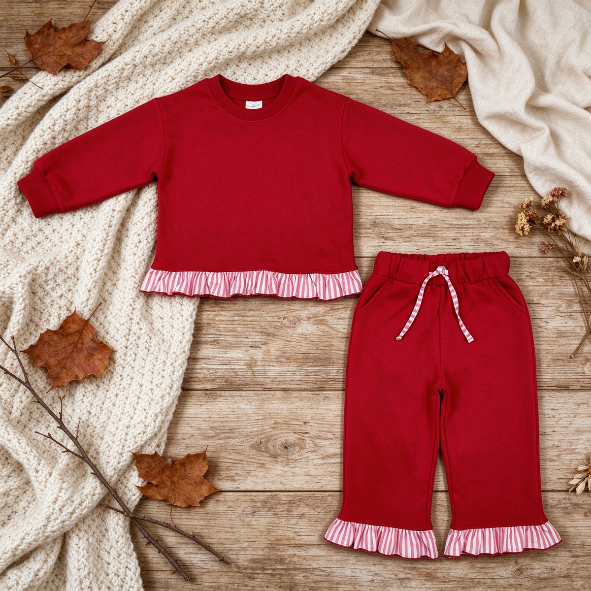NEW RTS NO MOQ fleece GLP3648 Sweatshirt Material Kids Girls Red Long Sleeve Top Pockets Pants Sweatshirt Outfit