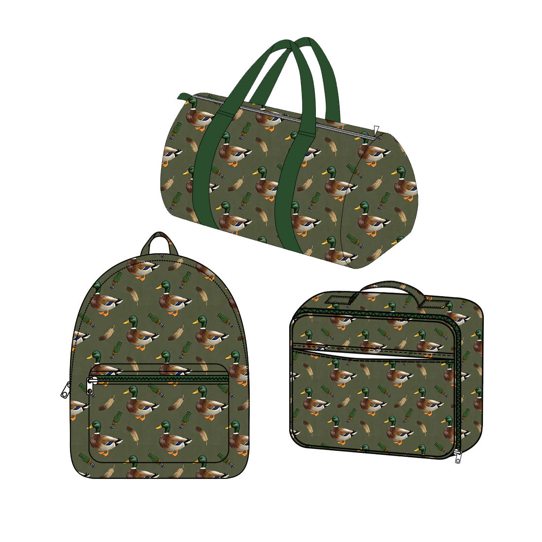 (Preorder new) No moq Baby Kids Green Duck Print Backpack Duffle Bag Insulated Lunch Box