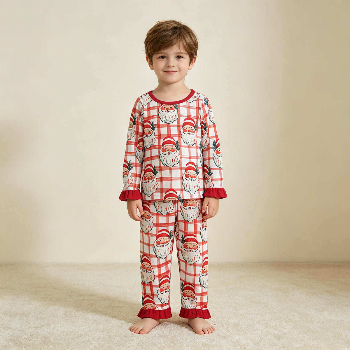 NEW RTS NO MOQ milk silk GLP3542 Baby Girls Red Plaid Santa Print Long Sleeve Top Matching Ruffle Hem Full Length Pants Christmas Pajamas Loungewear Set