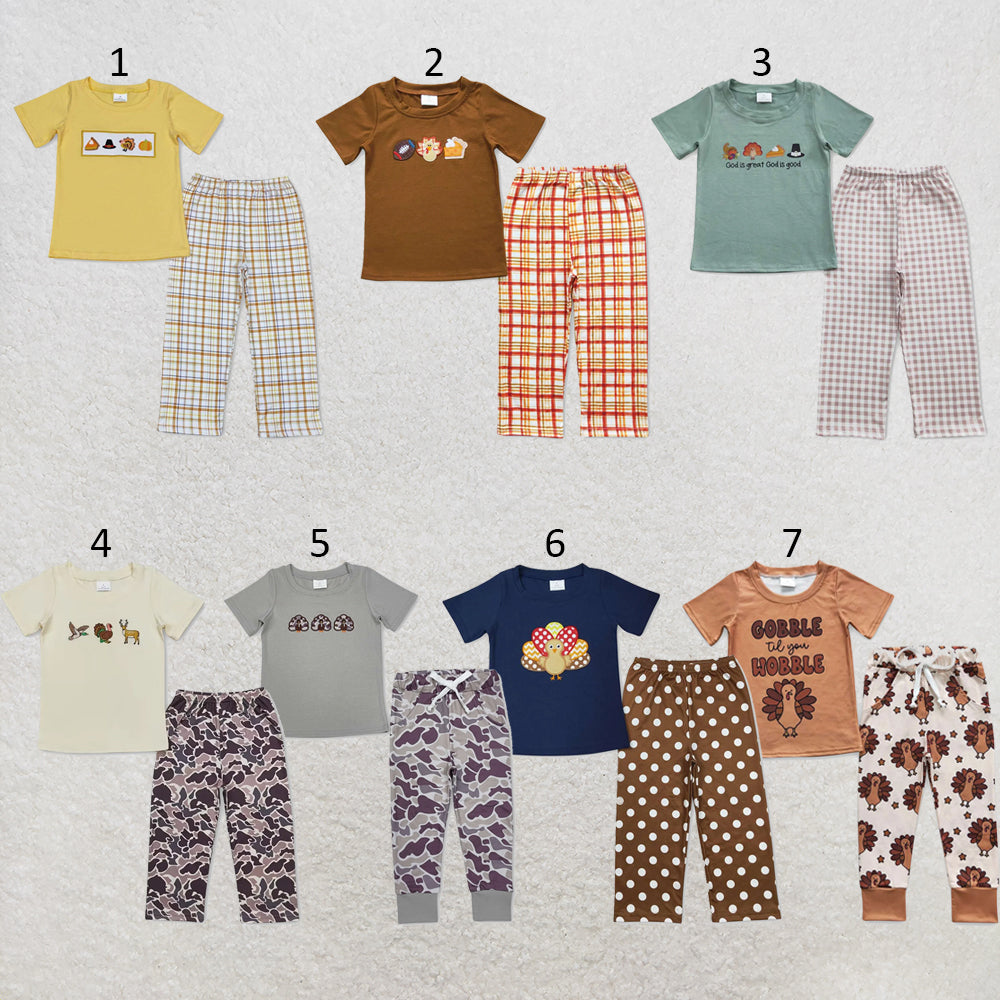 RTS NO MOQ Sibling milk silk Baby Boys Thanksgiving Turkey Print Short Sleeve Shirt Checkered Pants Two Piece Clothes Sets