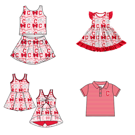 Custom moq 5 mix size milk silk summer teams baby girls clothes team bow red sleeveless skirts sets and dress 1 and dress 2 and top-25.6.20