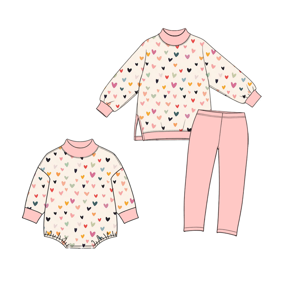 (Preorder new) No moq High Neck Baby Girls Heart Print Pink Mock Neck Long Sleeve Top Leggings Yoga Sets Romper