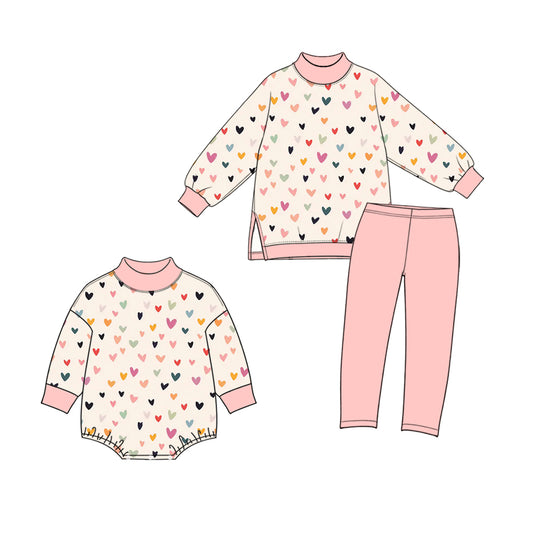 (Preorder new) No moq High Neck Baby Girls Heart Print Pink Mock Neck Long Sleeve Top Leggings Yoga Sets Romper