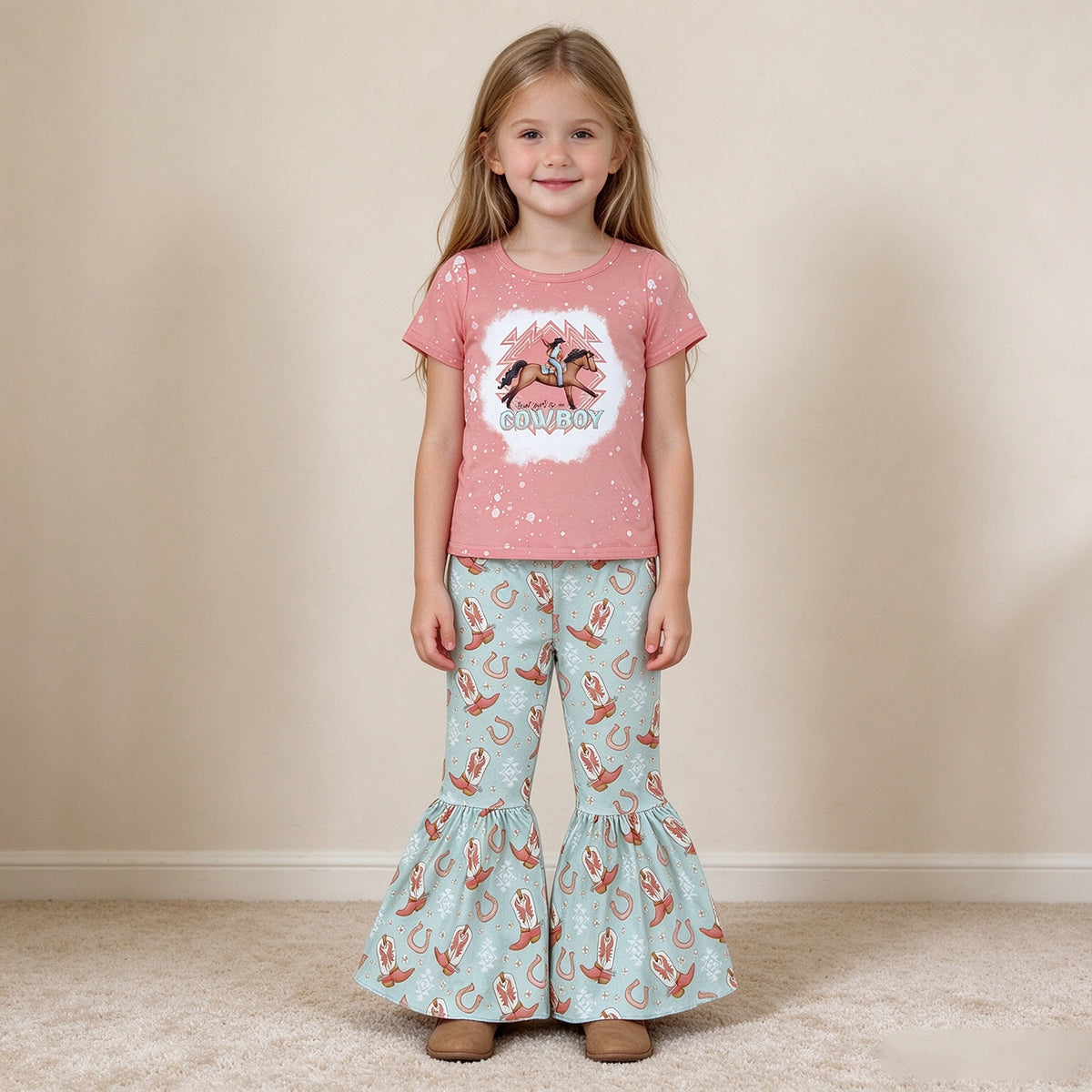 NEW RTS NO MOQ milk silk GSPO1571 Baby Girls Cute Cowboy Rodeo Shirt Boots Bell Pants Sets