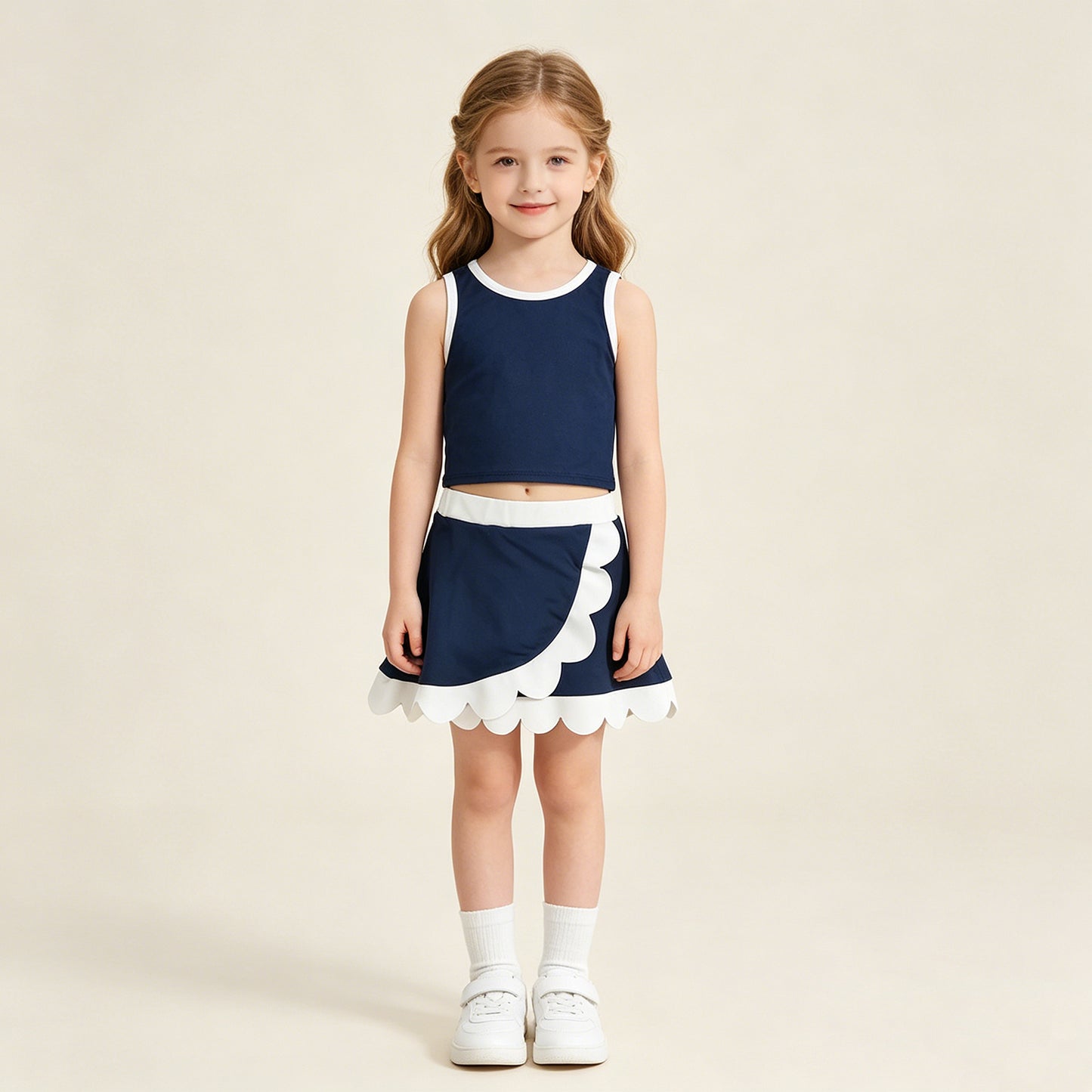 RTS NO MOQ yoga fabric cotton GSD4024 Baby Girls Sleeveless Navy White Scallop Skirt Yoga Active Outfit Set