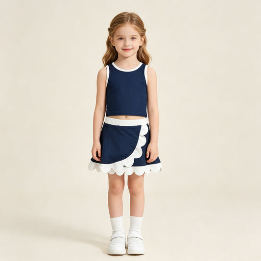 RTS NO MOQ yoga fabric cotton GSD4024 Baby Girls Sleeveless Navy White Scallop Skirt Yoga Active Outfit Set