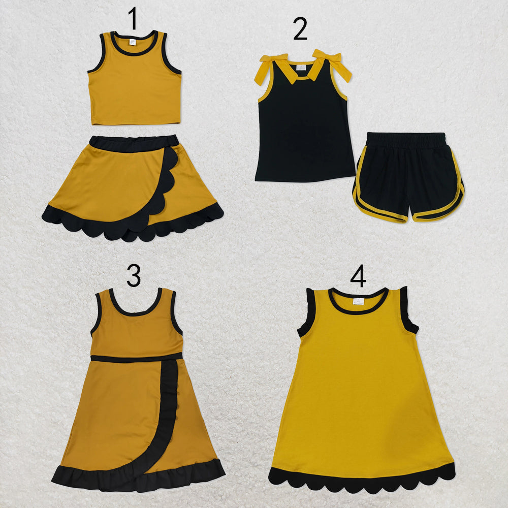 RTS NO MOQ Sibling yoga fabric cotton Baby Girls Yellow Black Contrast Trim Sleeveless Summer Outfit Skort Shorts Wrap And A Line Dress