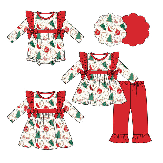 25.6.14 custom each style moq 5eta 4-6week Sibling Sisters Christmas tree baby girl long sleeve pants sets and dress and rompers match family design