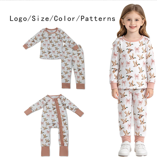 RTS NO MOQ Sibling milk silk Baby Girls Duck And Pink Bow Print Outfit Long Sleeve Top Pant Pajamas Set And Zipper Romper