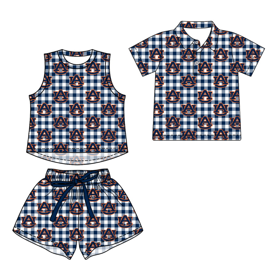 Custom moq 5 mix size milk silk summer teams Navy Blue Checked Girls Sleeveless Top And Short Sets Boys Short Sleeve Checked Button Polo Shirt Top