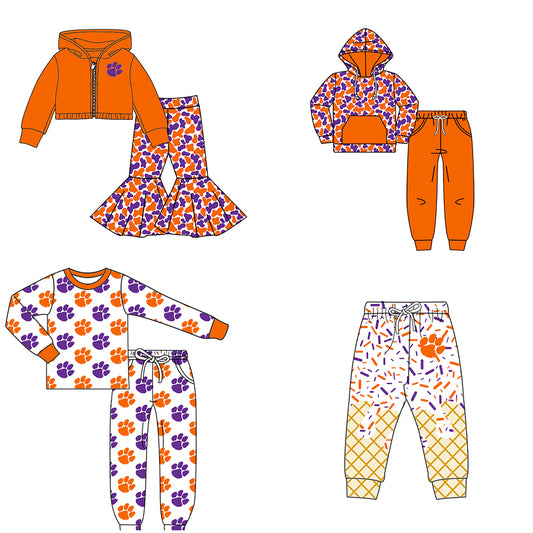Custom moq 5 mix size milk silk summer teams baby girls clothes camouflage orange hooded long sleeve pants sets 2 and boy pants sets and pant-25.8.7