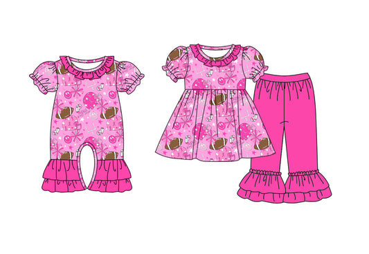 25.8.6 custom each style moq 5eta 4-6week Sibling Sisters rugby bow baby girl short sleeve pants sets and rompers match family design