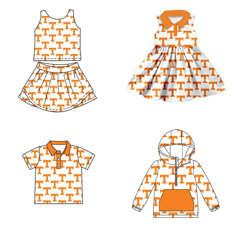 Custom moq 5 mix size milk silk summer teams baby girls clothes team orange sleeveless skirts sets and dress and short sleeve top and long top-25.7.12