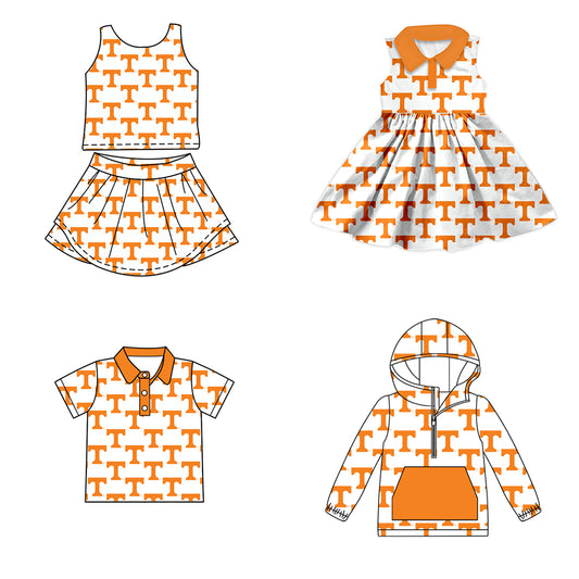 Custom moq 5 mix size milk silk summer teams baby girls clothes team orange sleeveless skirts sets and dress and short sleeve top and long top-25.7.12