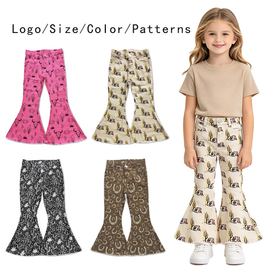 RTS NO MOQ Sibling Denim Baby Girls Western Cowboy Print Flare Bell Bottom Denim Pants