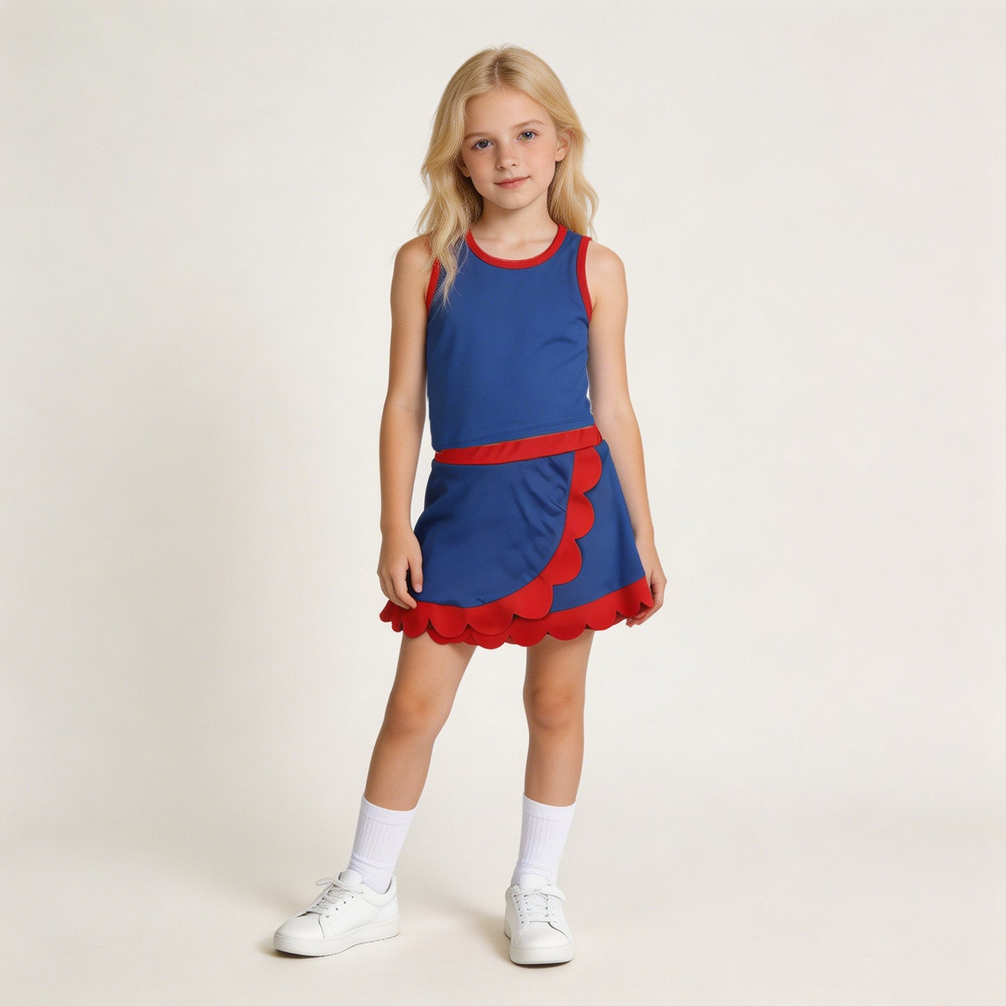 RTS NO MOQ yoga fabric cotton GSD4096 Toddler Girls Fashion Red Navy Vest Scallop Skort Yoga Outfit