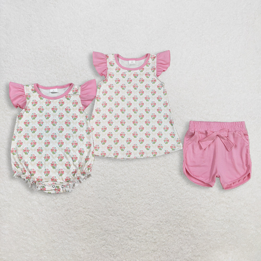 RTS NO MOQ Sibling Baby Girls Checked Top And Shorts Set with Ruffle Rompers Floral Print Outfit