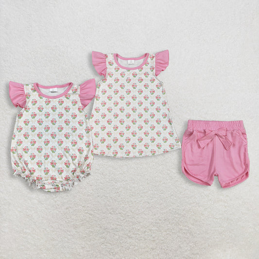 RTS NO MOQ Sibling Baby Girls Checked Top And Shorts Set with Ruffle Rompers Floral Print Outfit