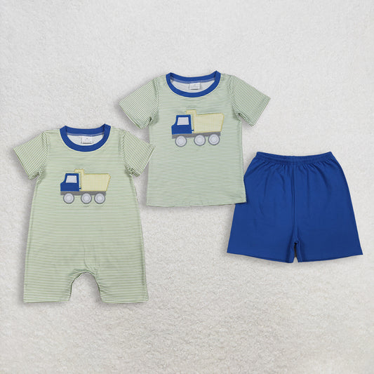 RTS NO MOQ Sibling Embroidery Tractors Baby Boys Short Sleeve Stripe Top with Shorts Cute Rompers Clothing Set