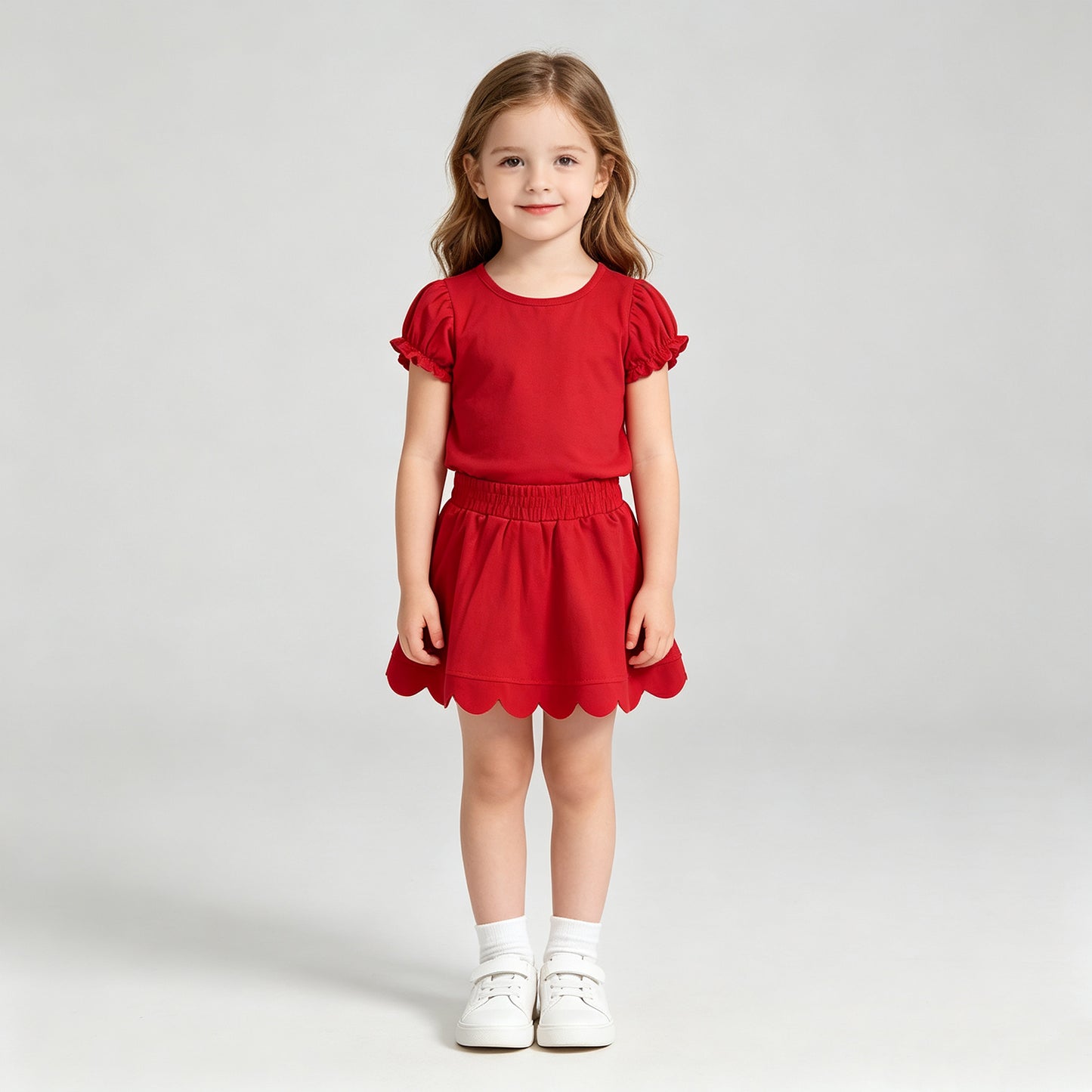 NEW RTS NO MOQ cotton GSD3938 Baby Girls Red Ruffle Sleeve Top Skirts Scallop Casual Set