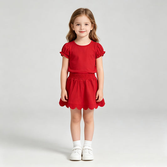 NEW RTS NO MOQ cotton GSD3938 Baby Girls Cute Red  Ruffle Sleeve Top Scallop Casual Set