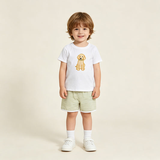 RTS NO MOQ milk silk BSSO2002 Baby Boys Dogs Embroidery Stripe Short Sleeve Hunting Shirt And Shorts Sets