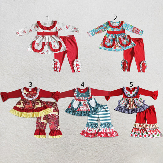 RTS NO MOQ Sibling milk silk Baby Girls Christmas Santa Ruffle Long Sleeve Top Ruffle Pants Outfit Set
