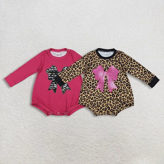 RTS NO MOQ Sibling baby girl clothes Pink Bow Pattern Leopard Print Brown Long-Sleeve Jumpsuit